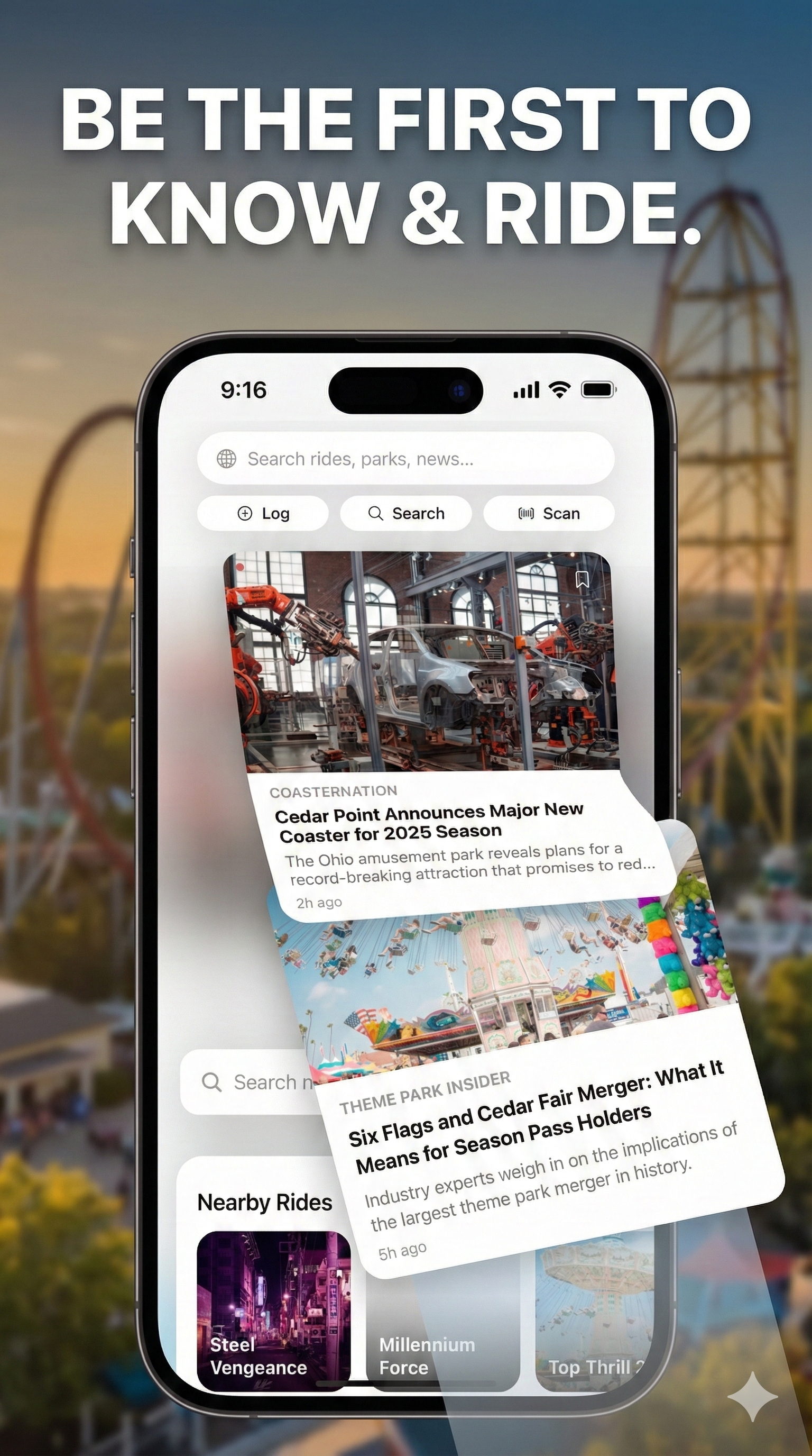 Coaster Companion - Mobile app showing ride logging and rankings interface